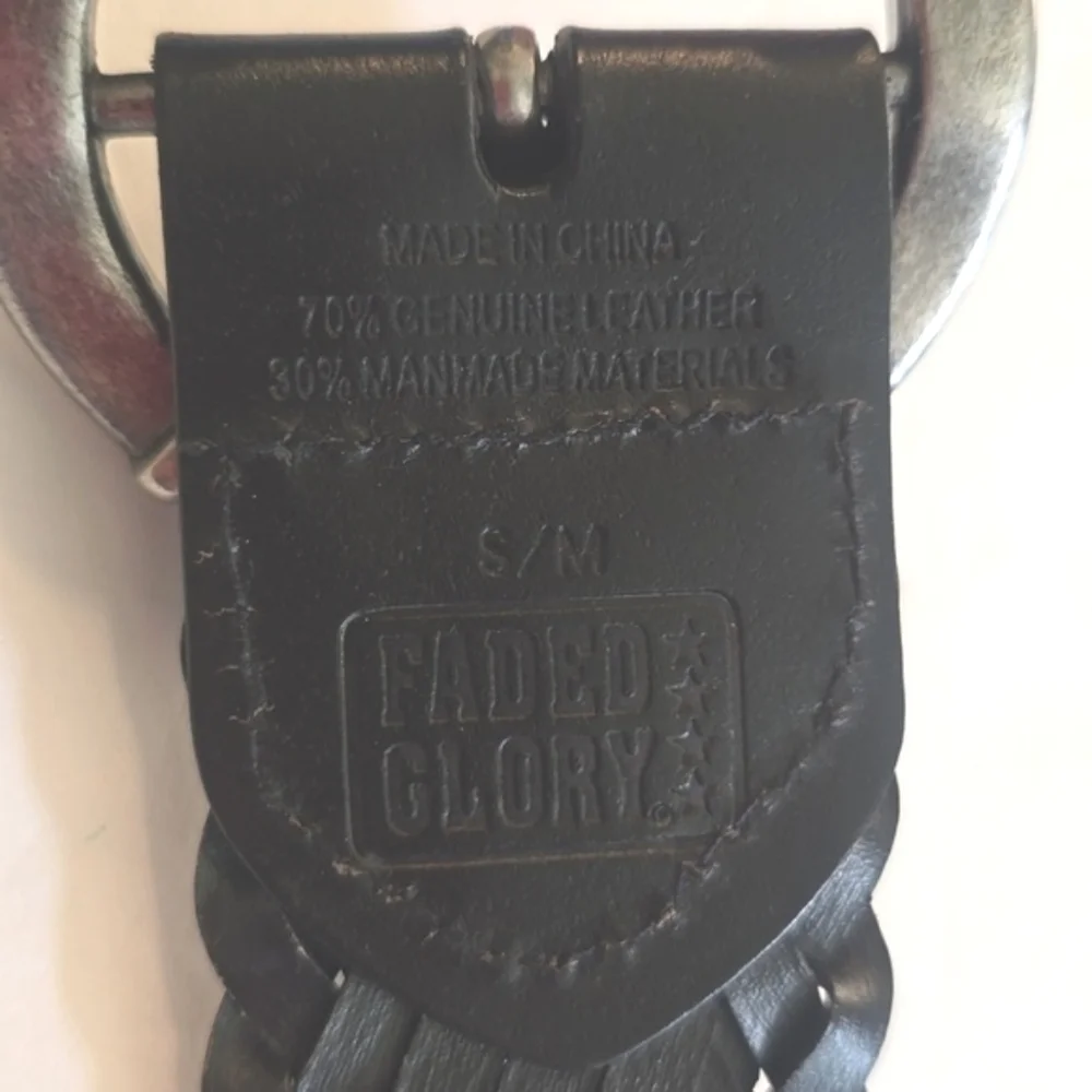Faded Glory Mens Black leather Woven Silver Buckle Belt Vintage Sz.S/M